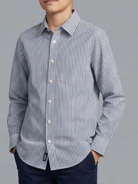 Lands' End Boys Navy and White Stripe Button Up Shirt Sz M 10 12 School